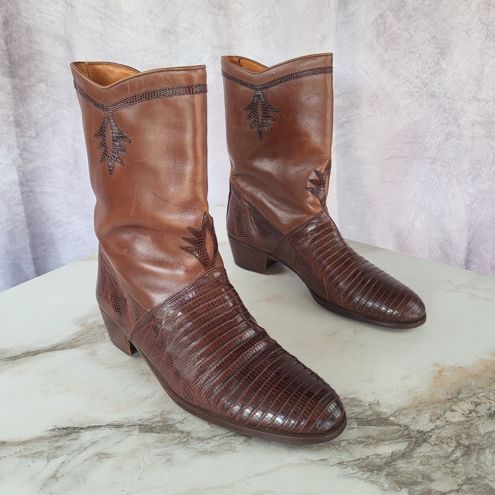 RARE Bally Italy Genuine Lizard Western Cowboy Boots Brown Men's Size 10 M